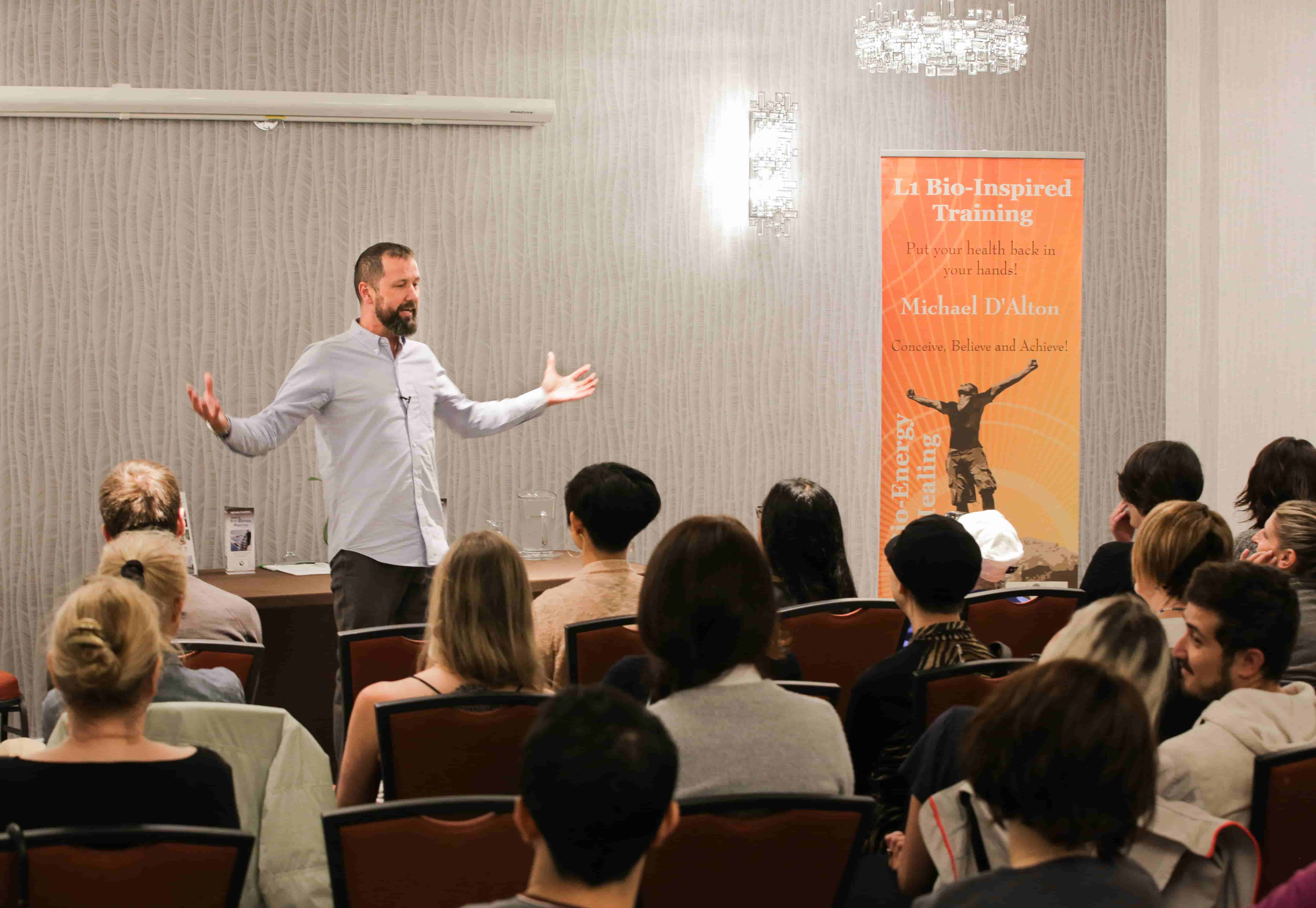 Michael D'Alton teaching a Bio-Inspired Training workshop to a full room